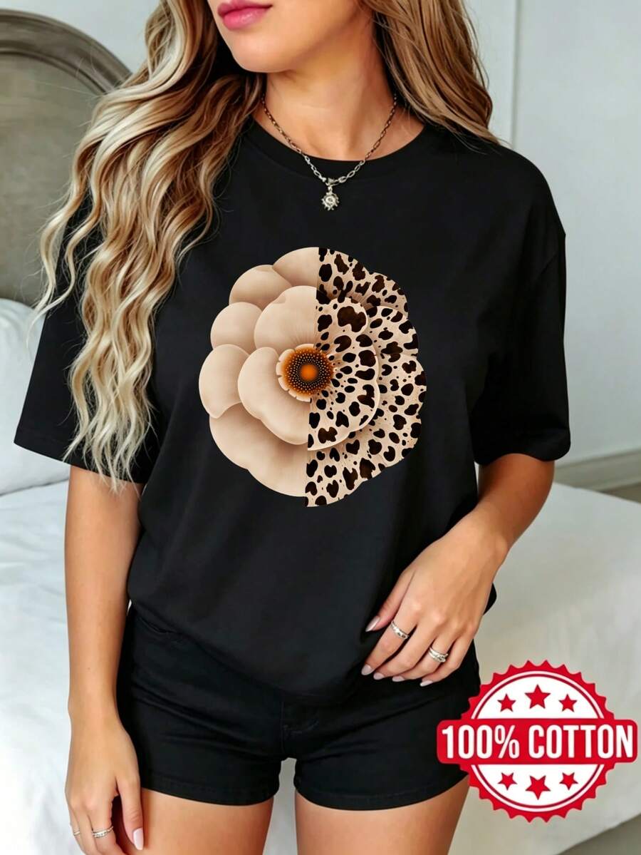 Women's Summer Black Short Sleeve T-Shirt With Round Neck And Floral Print, Leopard Design, Sizes S-3XL, Fashionable, 100% Cotton, Breathable Material - 黑色 - 查看 1