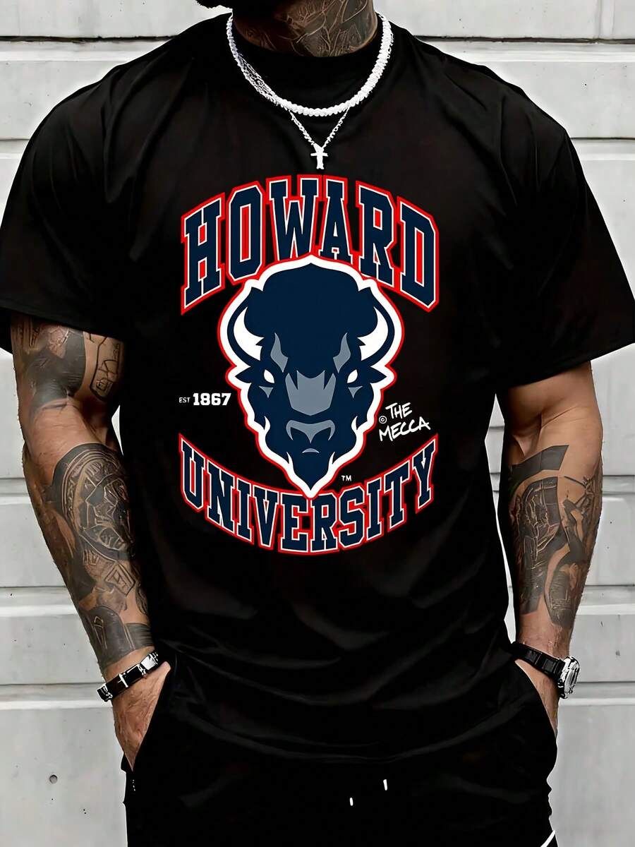 Howard University Bull Logo T Shirt Men College Spirit Wear Athletic Style Graphic Tee Unisex Casual Top Streetwear Fashion - màu đen - Xem 1