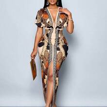 Women's Elegant Chain Print High Slit Thigh Bodycon Dress, Sexy Deep V-Neck, High Waisted Print Batwing Sleeve Dress Unique Dress - Marrón - Ver 4