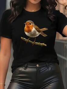 Camiseta Casual de Mujer con Estampado de Pájaros - Cuello redondo en rosa suave, ajuste elástico y cómodo, lavable a máquina, disponible en tallas S-XXL, múltiples colores disponibles, camiseta de fácil cuidado, corte holgado, estampado divertido, ropa de fácil cuidado, camiseta rosa, atuendo elegante, tela transpirable, camiseta de moda, blusas para mujer en talla adulta. Camisetas Gráficas de Verano para Mujer. Camiseta Casual de Mujer con Estampado, Manga Corta y Cuello Redondo, Moda Urbana Local de Primavera/Verano. - Negro - Ver 3