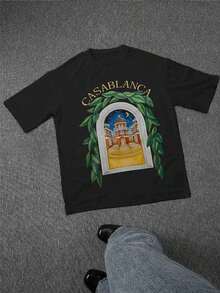 Camiseta de manga corta con estampado de arco mediterráneo vintage para hombre, con hojas de laurel verde y escena nocturna de luna. Estilo casual de lujo con cuello redondo - Negro - Ver 5