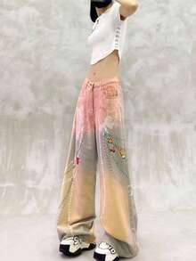 Pantalones vaqueros de tiro alto para mujer, lavado degradado rosa amarillo con aplique de perlas y flores, corte amplio palazzo, estilo informal y trendy para uso diario y vacaciones de verano. - Multicolor - Ver 3