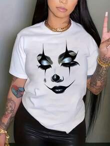 Camiseta de manga corta extra grande de gran tamaño con cuello redondo y estampado de máscara de payaso, casual para mujer, verano, 100% - Blanco - Ver 1