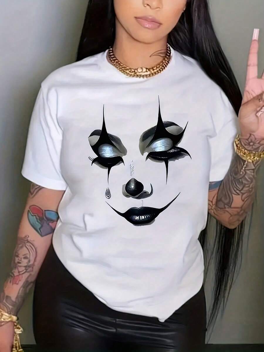 Camiseta de manga corta extra grande de gran tamaño con cuello redondo y estampado de máscara de payaso, casual para mujer, verano, 100% - Blanco - Ver 1