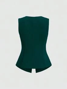 delgado sin mangas para mujer con botones metálicos grandes de estilo minimalista francés - Verde Oscuro - Ver 2