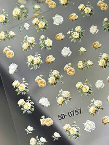 1片黃色與白色漸層花卉美甲貼紙，5D立體優雅玫瑰花自黏式美甲裝飾，DIY美甲用品美甲貼 - 彩色 - 查看 3