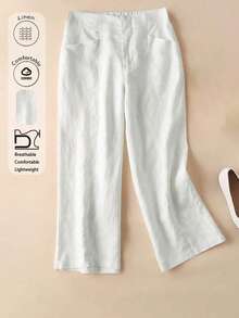 Celana Linen Pinggang Tinggi Elastis Kasual Nyaman, Efek Jatuh, Cocok untuk Musim Gugur & Musim Panas, Warna Putih - Putih - View 1