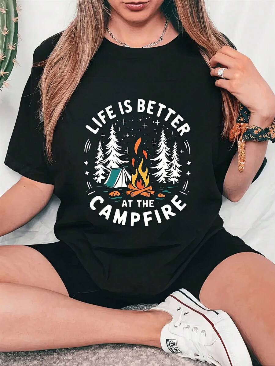 Camiseta manga corta cuello redondo 100% algodón, estampado trendy, tejido ligero y ventilado, estilo moda casual, apta para vida diaria, salidas informales y citas en primavera, verano y otoño - Negro - Ver 1