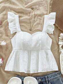 Camisa de mujer de manga corta para vacaciones de primavera/verano, de tela texturizada, adecuada para festival de música, estilo bohemio, citas de vacaciones, tarde de té - Blanco - Ver 5