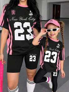 Conjunto de camiseta y pantalones cortos de ciclista con estampado gráfico de número 13 y eslogan, de moda casual para mujer - Multicolor 10 - Ver 3