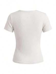 Camiseta de mujer de unicolor con cuello asimétrico, fruncida y de manga corta ajustada - Blanco - Ver 2