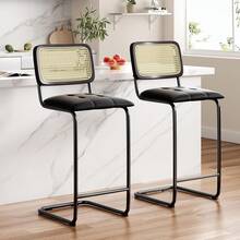 2 Packs 30 Inch Counter Height Bar Stools With Upholstered PU Leather & Rattan Back For Kitchen, Dining, Pub, Living Room - Black - View 4