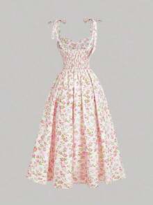 Vestido de verano de mujer con tirantes anudados y estampado floral romántico - Rosa Fucsia - Ver 2