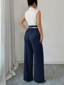 Conjunto de blazer corto sin mangas de color contrastante y pantalones rectos elegantes de estilo de oficina para mujer, atuendo profesional de oficina, vestimenta de maestra, ropa para ir y venir y uso casual - azul real - Ver 2