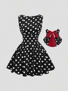 Vestido casual de mujer con cuello de barco, sin mangas, con estampado de cuadros, espalda descubierta, contraste de color, lazo en la cintura y silueta evasé, para primavera/verano - Negro - Ver 2