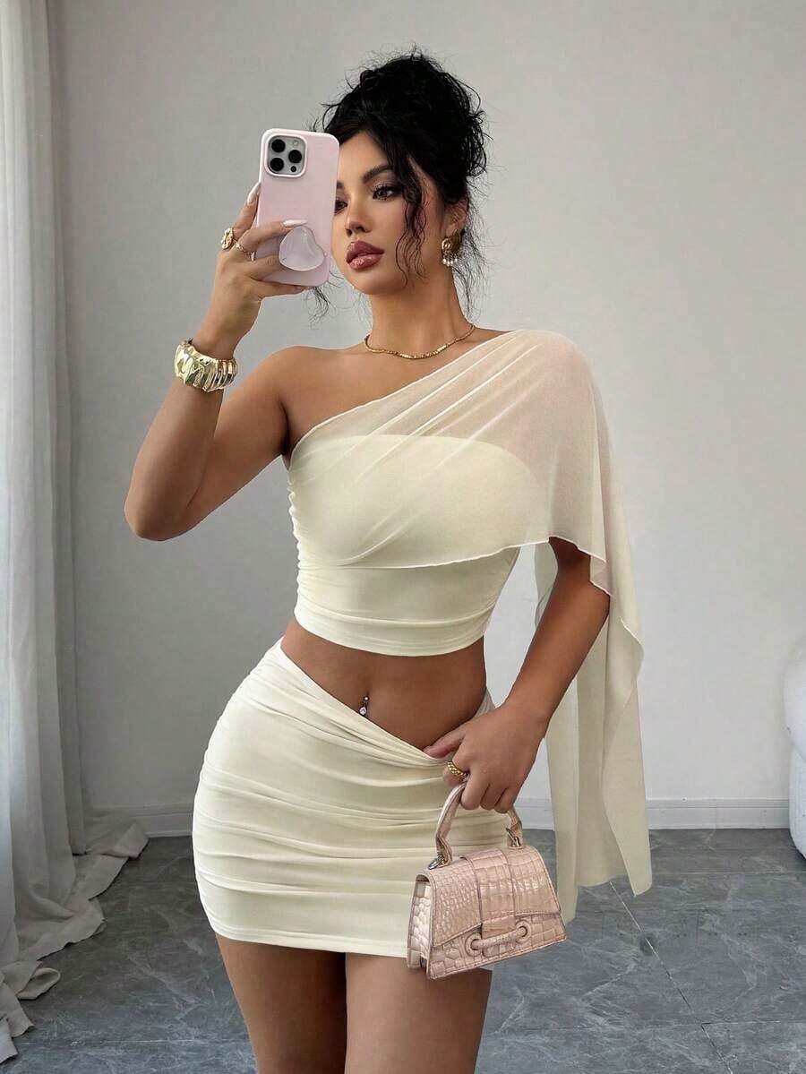 Conjunto de 2 piezas de falda mini ajustado fruncida en la cintura y top corto bandeau, de malla transparente y sexy para el verano - Albaricoque - Ver 1