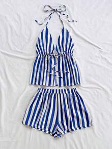 Conjunto de 2 piezas de vacaciones para mujer, top de tirantes con escote en V con textura rojo y shorts sueltos extremadamente cortos, adecuado para citas, fiestas y paseos por la ciudad - Azul y blanco - Ver 6