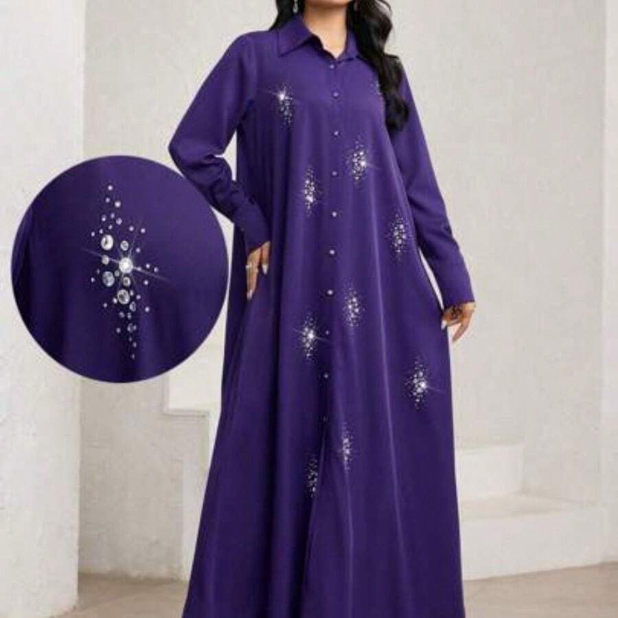 Women's Floral Print Long Sleeve Single-Breasted Casual Long Abaya Dress Modest - Morado - Ver 1