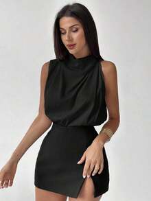 Camisa de color albaricoque con detalle asimétrico de volantes elegante para mujer, a la moda para el trayecto al trabajo, la oficina, el uso diario, las vacaciones y los festivales de música, primavera/verano - Negro - Ver 3