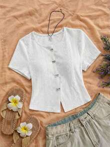 Blusa casual de mujer con manga corta, bordado de malla y lazo con botón - Blanco - Ver 7