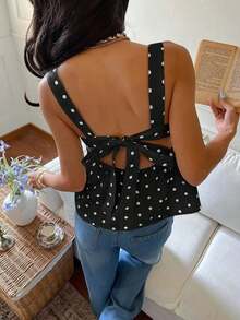 Camiseta de tirantes con volantes y lazo en la espalda con estampado de lunares para mujer - Negro - Ver 1