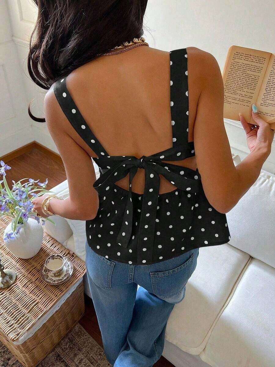 Camiseta de tirantes con volantes y lazo en la espalda con estampado de lunares para mujer - Negro - Ver 1