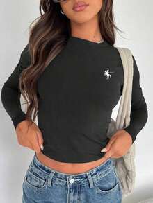 Camiseta De Verano Para Mujer unicolor De Cuello Redondo Y Manga Corta De Ajuste Delgado - Negro - Ver 4