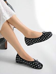 2026 Spring/Summer New Women's Shoes, Bow Decor Ballet Flats,Polka Dot - Black and White - View 6