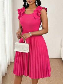 Vestido mini de fiesta con estampado floral y pliegues a la moda para mujer - Rosa Fucsia - Ver 4