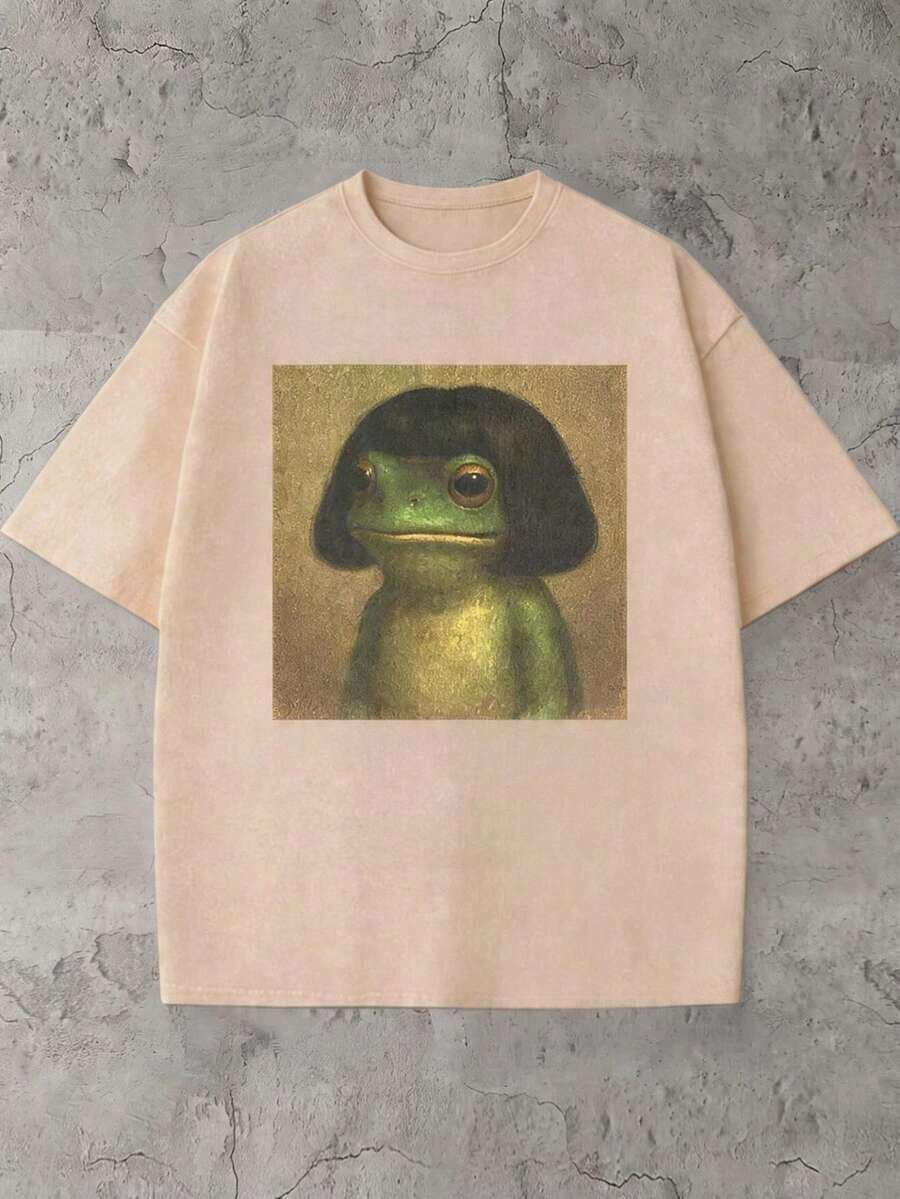 Camiseta de manga corta con cuello redondo y estampado divertido de rana, de estilo casual para mujer, para el verano - Albaricoque - Ver 1