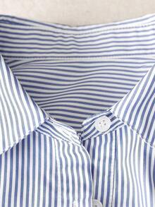 Camisa casual de manga larga con bolsillo, de ajuste suelto y hombros caídos, de unicolor, para primavera/verano, Top de manga larga - Azul y blanco - Ver 4