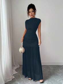 Nuevo vestido de moda de cuello alto sólido rojo sin mangas, con diseño sexy de malla calada y plisado en línea A, adecuado para fiesta de graduación, eventos festivos, citas - Azul marino - Ver 5