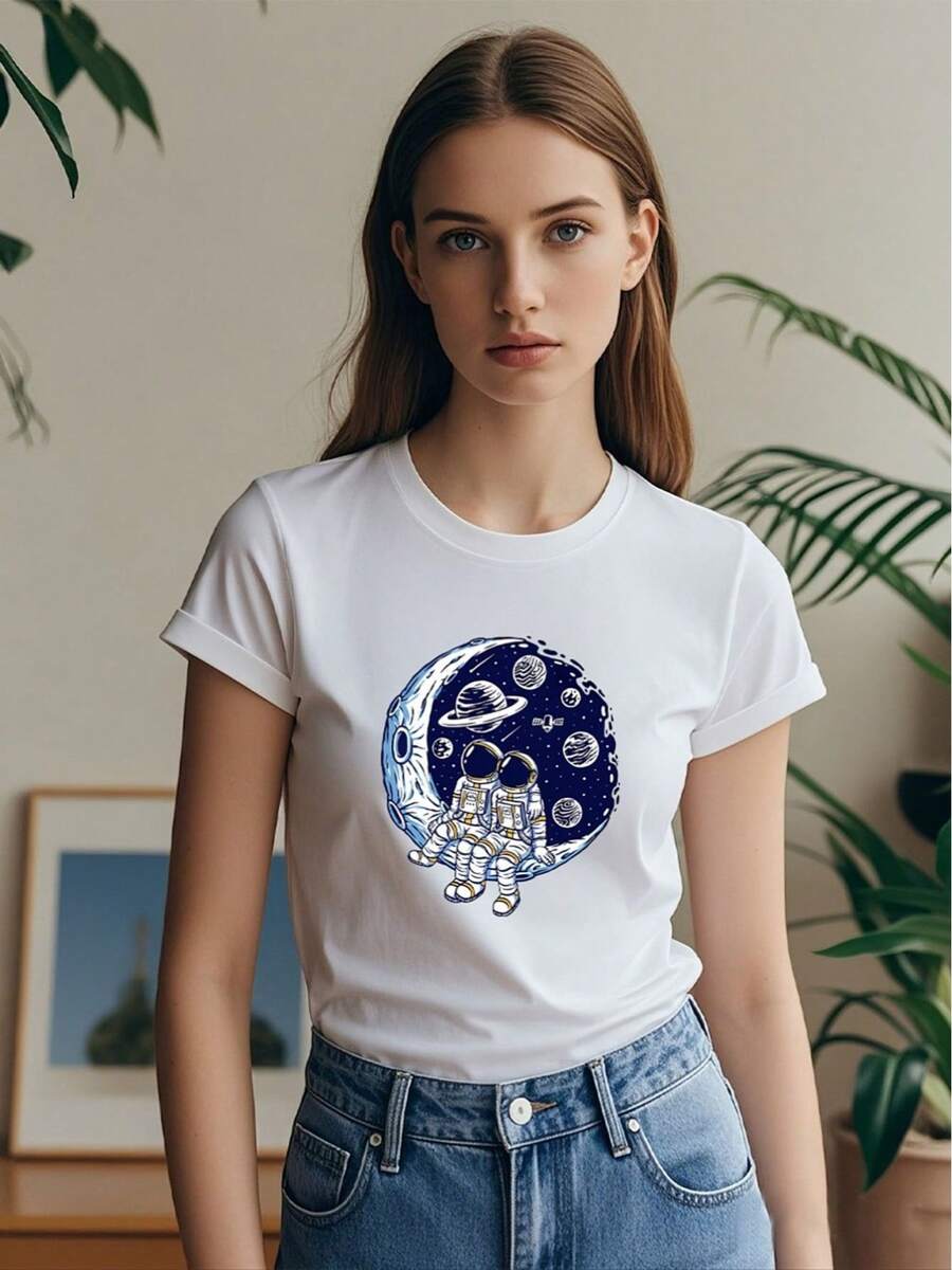 Nueva Camiseta de Astronauta Doble Impresa para Mujeres - Blanco - Ver 1