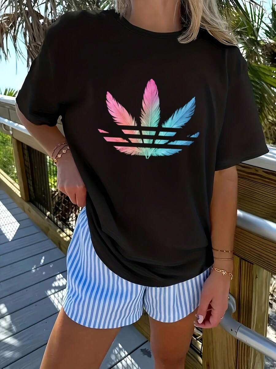 Camiseta de manga corta retro americana con trama de trébol - Negro - Ver 1
