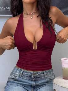 Camiseta corta con cuello halter, escote profundo en V, empalme de metal, espalda descubierta y plisados, adecuada para uso diario, ir al trabajo, citas, vacaciones, Día de San Valentín, verano casual - Burdeos - Ver 11