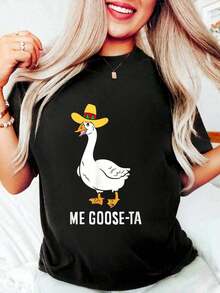 1 pieza de camiseta casual para mujer, 100% algodón, camiseta con diseño gráfico divertido de "Me Goose Ta Mexican Funny Spanish Goose Pun" para mujer y hombre, cuello redondo cómodo, tops de verano para vacaciones, camiseta premium para mujer, estilo Y2K, camisetas de moda de verano, tops casuales de streetwear. - Negro - Ver 5