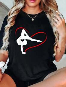 1 pieza de camiseta casual para mujer, 100% algodón, con diseño de gimnasia, estética artística, salto rítmico sobre ruedas. Camiseta de cuello redondo, cómoda y suave, de talla grande para mujer y hombre. Camiseta premium para mujer, estilo Y2K, camisetas de moda de verano, tops casuales de estilo urbano. - Negro - Ver 5