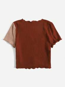 Camiseta casual de mujer con botones, mangas cortas y volantes de color contrastante - Marrón - Ver 2