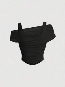 Top de chaleco de unicolor cubierto por una manga abullonada de malla color albaricoque para mujer - Negro - Ver 2