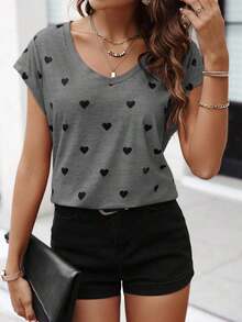 Camiseta sencilla con estampado de corazón de moda para mujer, para uso diario casual en verano - Gris - Ver 6