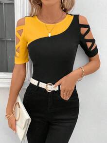 Camiseta Para Mujer Con Cuello Redondo Y Recortes En Contraste De Color - Amarillo - Ver 6