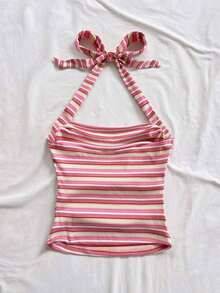 Parte superior corta ajustada con cuello de halter casual para vacaciones de mujer, verano de mujer, sin espalda, ropa de vacaciones de mujer, lunares, primavera de mujer, verano, parte superior para salir de mujer, vacaciones de mujer - Rosa - Ver 2