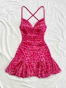 Vestido mini de mujer para vacaciones con tirantes finos, escote pronunciado, espalda descubierta, lazo, bajo estilo sirena, estilo romántico, vestido mini para pausas de té, caminatas al aire libre, citas, atuendo de playa, malla, joven y feme - Rosa Fucsia - Ver 4