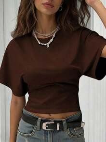 Camiseta blanca casual de mujer de cuello redondo y manga corta, holgada - Café integral - Ver 5