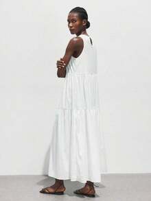 Vestido casual de vacaciones con diseño de volantes escalonados en verde jade, vestido cómodo con cuello redondo, división horizontal, parches y fruncidos, atuendo bohemio de playa, elegante vestido de estilo occidental para vacaciones de muje - Blanco - Ver 3