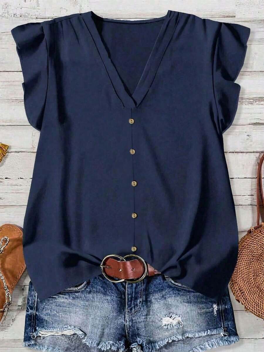 Camisa casual de vacaciones para mujer, diseño minimalista adecuado para el verano, blusa con estampado floral diminuto, camisa de verano para mujer, conjunto de vacaciones para mujer - Azul marino - Ver 1
