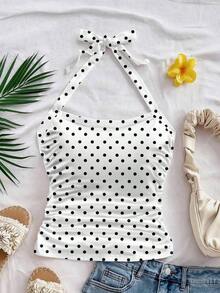 Parte superior corta ajustada con cuello de halter casual para vacaciones de mujer, verano de mujer, sin espalda, ropa de vacaciones de mujer, lunares, primavera de mujer, verano, parte superior para salir de mujer, vacaciones de mujer - Multicolor 2 - Ver 3
