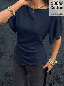 Camisa casual de mujer con ribete de contraste en la cintura y manga corta, para verano - Azul marino 2 - Ver 1