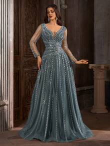 Women's V-Neck Long Sleeve A-Line Dress With Mesh, Sequins And Embroidery, Suitable For Parties Wedding - Lake Blue - View 2