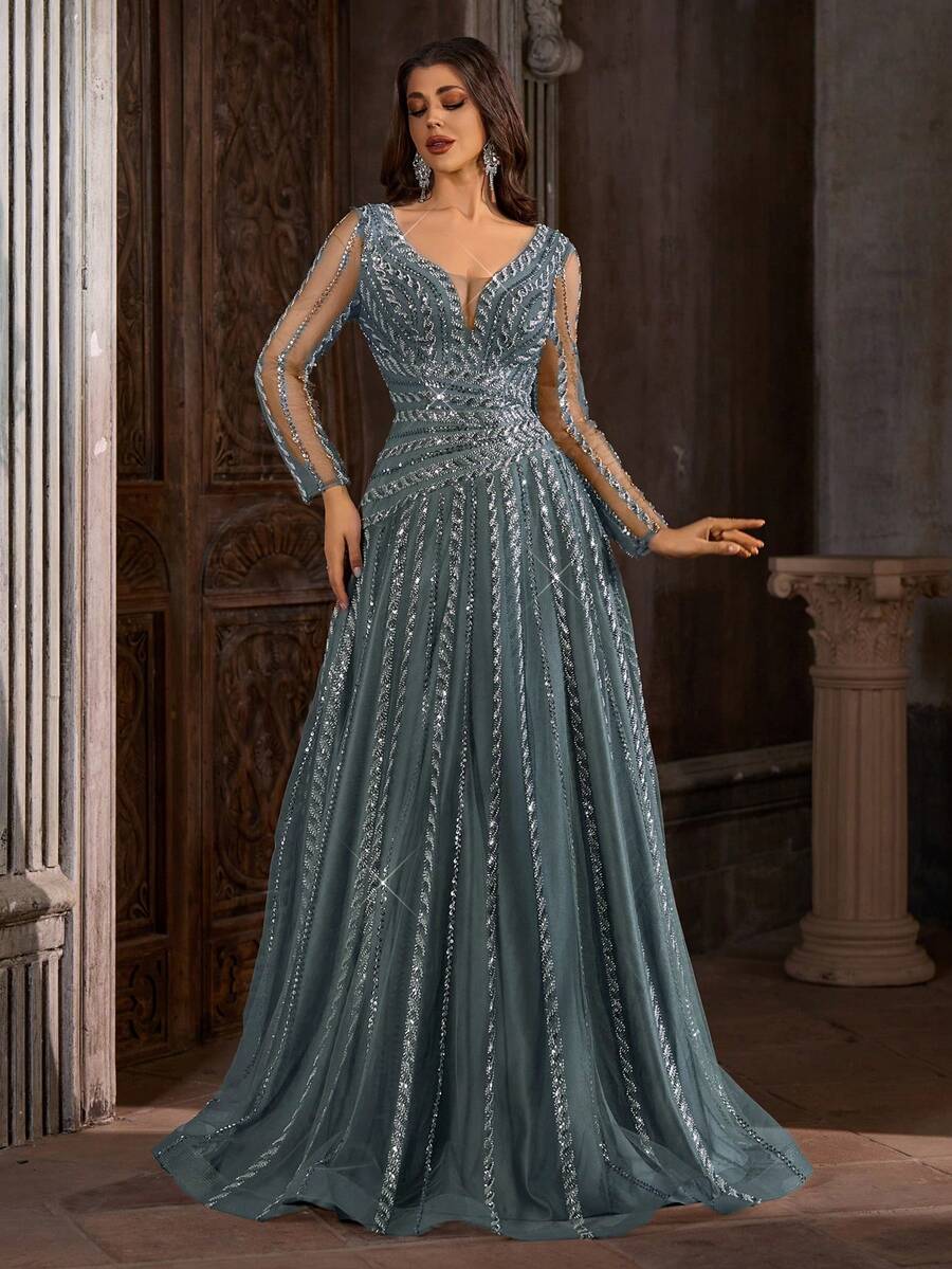 Women's V-Neck Long Sleeve A-Line Dress With Mesh, Sequins And Embroidery, Suitable For Parties Wedding